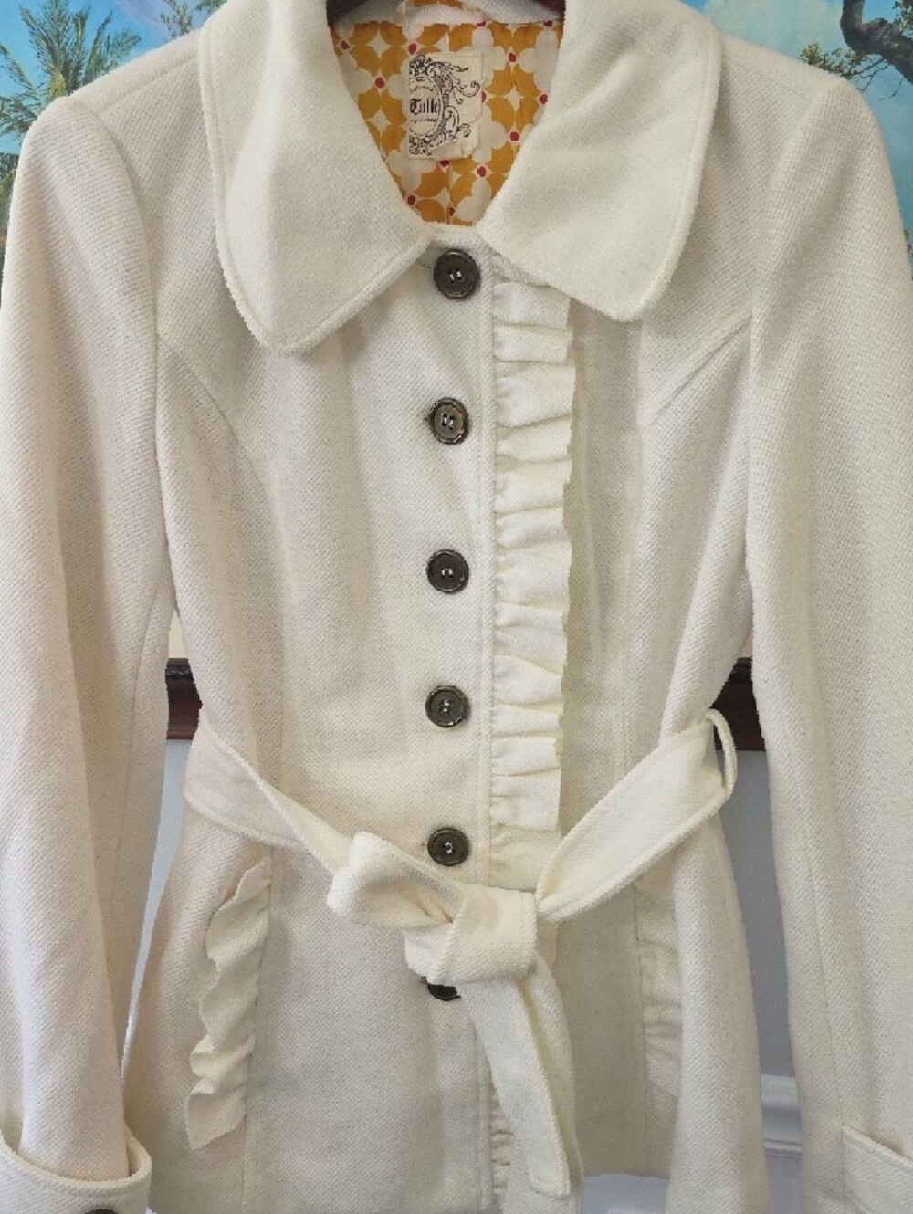 Tulle Cream Ruffle-Trim Belted Pea Coat - Picture 3 of 8